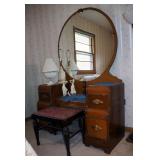 Antique Waterfall Style Makeup Vanity, 70" x 48" x 19", Includes Mirror, And Upholstered Bench, 16" 
