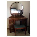 Vintage Art Deco 4 Drawer Vanity With Mirror, And Bench, 65" x 40" x 17", Bench, 17" x 22" x 14"