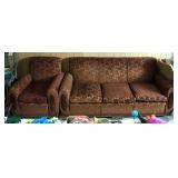 Antique 3 Cushion, With Carved Wood Trim, 31" x 72" x 32", Includes Matching Chair