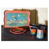 Vintage Tin Mickey And Minnie Mouse Tea Set, Including Pitcher, Cups, Qty 4, Saucers, Qty 4, And Pla