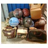 Vintage Bowling Balls, Qty 12, And Bowling Bags