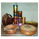 Multi Colored Aluminum Cups, Qty 22, Sunburst Bowls, Wood Salad Bowls, Pitcher, And More