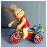 Vintage Tin Wind-Up Bunny Riding Tricycle, And Vintage Walt Reach Toy By Courtland USA Tin Litho Red