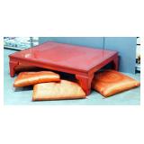 Asian Inspired Low Tea Table, 12.5" x 36.5" x 48", Includes Floor Seating Pillows, Qty 4