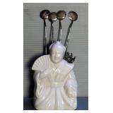 Sterling Silver Coin Ladle Spoons, Qty 4, And Tiki Samurai Mug DW124 White Ceramic Barware