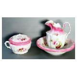 Painted Ceramic Wash Pitcher, Basin, And Chamber Pot With Lid