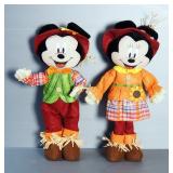 Mickey And Minnie Mouse Scarecrows, 23" Tall, And Chrisha Playful Plush Teddy Bear, On Folding Wood 