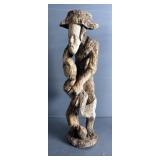 Hand Carved Wood Statue Male Figure, 24" Tall, And Vintage Ashtray Stand With Copper Toned Patina, 2