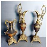 Vintage Art Nouveau Styled Brass Toned Vases, 19.5" Tall, Qty 2, And 12" Tall