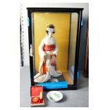 Vintage Japanese Geisha Doll, Glass Display Case