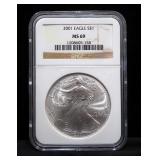 2001 And 2009 American Eagle Silver Dollars, Both Certified By NGC, Both Graded MS69, 2009 Early Rel