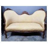 Sofa With Floral Pattern Fabric And Carved Wood Accents, And Padded Seat, 34" High x 55" Wide x 22" 