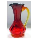 Red Glass Pitcher, Vase And Heart Shaped Paperweight