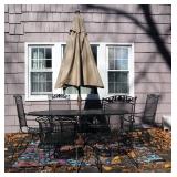 Wrought Iron Patio Table, 28in x 72in x 42in, Includes Retractile Umbrella And Base, 4 Wrought Iron 
