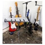 Youth Size Electric And Acoustic Guitars, Guitar Stands, And Microphone Stand