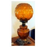 Vintage Amber Glass Electric Gone With The Wind Hurricane Lamp, 21.5" Tall