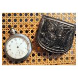 Antique Sterling Silver Waltham Pocket Watch With Tooled Leather Carrying Case