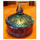 Aquamarine Carnival Glass Covered Candy Dish, 6" Diameter And Ceramic Cat