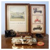 Framed Ford Advertisement, Playing Card Deck Box, And Die Cast Model Cars