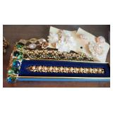 Bracelet Assortment Including Rhinestone And Gold Toned Bracelets, Qty 7, Earing Set, And Broach And