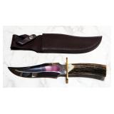 Trophy Stag Fixed Blade Knife With Bone Style Handle, 7.5" Blade With Leather Sheath