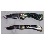 Frost Cutlery Steel Warrior Folding Knives, Qty 2, 1 With Green Toned Bone Handle