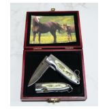 Fighter Folding Pocket Knife Set, Includes 2 Folding Knives, Each with Images Of Horses In Wood Disp