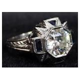 18k White Gold Ring With Clear And Blue Stones, Size 4-3/4, 3.70 g Total Weight Including Stones