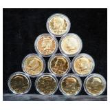 Gold Clad Kennedy Half Dollars, Qty 10, Includes 1971 (4), 1972 (2), 1973, 1977 And 1996 (2)