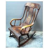 Rocking Chair With Curved Wood Seat And Painted Images On Headrest And Backrest, 42.5" H