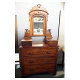 Antique 3 Drawer Dresser With 2 Glove Boxes, 40" H x 39.5" W x 18" D, With Detached Mirror With Cand