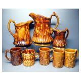 Earthenware Drip Glaze Pitchers And Mug And Mugs With Relief Images, Total Qty 7