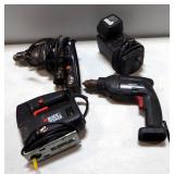 Black & Decker Jig Saw 7550, Craftsman 3/8" Cordless Drill With Battery And Charger, And AEG Corded 