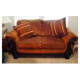 Upholstered Loveseat With Rolled Arms And Wood Trim Accents, 37" x 73.5" x 36", Includes Throw Pillo