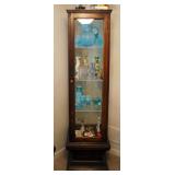 Antique Pedestal Curio Cabinet With Glass Shelves And Tin Covered Top, 66" x 18" x 18.5"