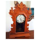 Antique Carved Wood 8-Day Gingerbread Clock With Key, 23" x 15" x 5"