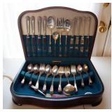 1950s William Rogers & Son 54 Piece April Silverplate Flatware Set With Wood Felt Lined Storage Box