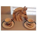 Leftons Ceramic Horsehead Planter And Spode English China "Off To Draw" Tea Cups With Saucers, Qty 2