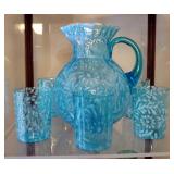 North Wood Glass Aquamarine Daisy And Fern Beverage Set, Including 9" Pitcher And 6 Tumblers