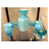 Aquamarine Hobnail Glass Bud Vases, Ruffled Edge Candy Dishes, Art Glass Vase And Swan