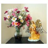 Stained Glass Angle Lamp, 11" Tall And Artificial Bouquet