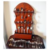 Sterling Silver And Silver Plated Souvenir Spoon Collection, Qty 42, Including Wood Wall Display, 20