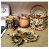 Antique Stoneware Cookie Jar, Frankoma Jug, Glazed Pottery Maple Leaf Tray And More