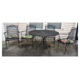 Wrought Iron Patio Set, Includes Table, 29" x 48" Diameter, Armed Chairs, Qty 4, And Seat Cushions, 