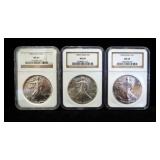 1986, 1987, And 1998 American Eagle $1 Silver Coins, Each 1 oz Fine Silver, Certified By NGC, Graded