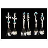 Sterling Silver Spoon And Fork Sets With Blue Stones, Possibly Turquoise, Approx 67.29 g Total Weigh
