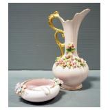 Lefton Hand Painted Vase And Ash Tray, Both With Dimensional Flowers, Handle On Vase Has Been Repair