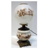 Milk Glass And Brass Table Lamp With Lake Scene, Approx 20.5" H, Powers On