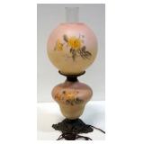 Glass And Metal Table Lamp With Floral Design And Hurricane Shade, Approx 20" H, Powers On