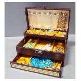 Jewelry Box With Contents Including Necklaces, Earrings, Bracelets, Pins, Rings, And More